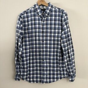 Banana Republic Luxe Flannel Shirt Men Large Blue White Check Slim Fit Button Up